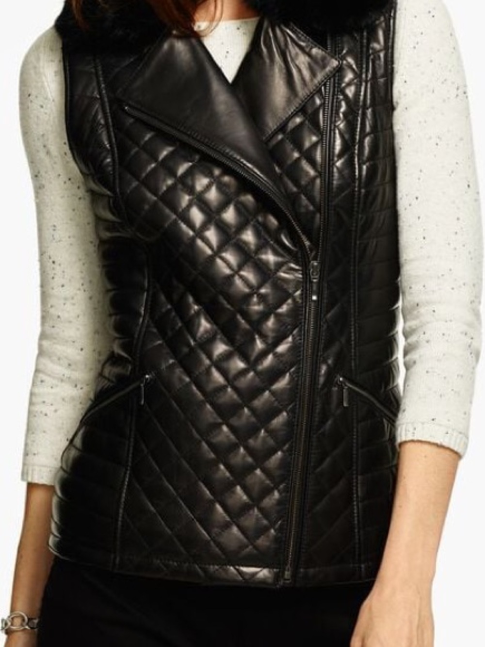 Talbots Black Quilted Faux-Leather Vest with Fur Collar